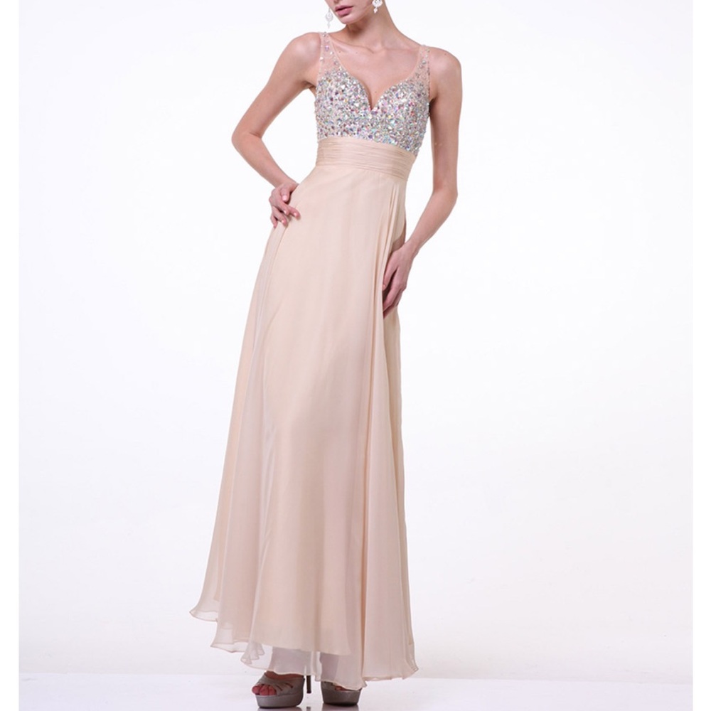 Cinderella Champagne Divine Embellished Sparkly JeweledBodice Chiffon Gown NWT 6